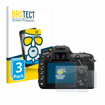 Face avant d’un emballage produit avec le logo de la marque BROTECT. À côté, l’appareil Nikon D7500 est représenté avec la pro