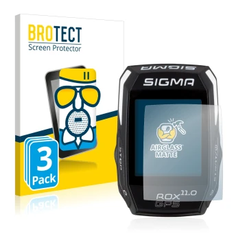 Face avant d’un emballage produit avec le logo de la marque BROTECT. À côté, l’appareil Sigma ROX GPS 11.0 est représenté avec