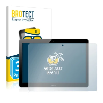Face avant d’un emballage produit avec le logo de la marque BROTECT. À côté, l’appareil Huawei MediaPad T3 10 est représenté a