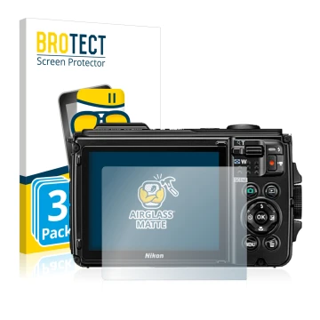 Face avant d’un emballage produit avec le logo de la marque BROTECT. À côté, l’appareil Nikon Coolpix W300 est représenté avec