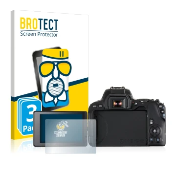 Face avant d’un emballage produit avec le logo de la marque BROTECT. À côté, l’appareil Canon EOS 200D est représenté avec la 