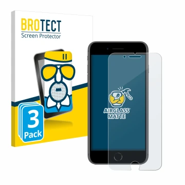 Face avant d’un emballage produit avec le logo de la marque BROTECT. À côté, l’appareil Apple iPhone 8 Plus est représenté ave