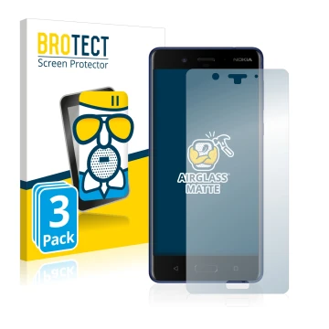 Face avant d’un emballage produit avec le logo de la marque BROTECT. À côté, l’appareil Nokia 8 est représenté avec la protect