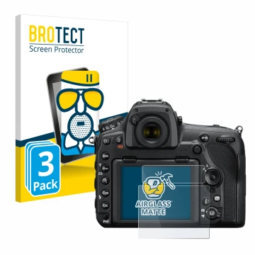 Face avant d’un emballage produit avec le logo de la marque BROTECT. À côté, l’appareil Nikon D850 est représenté avec la prot