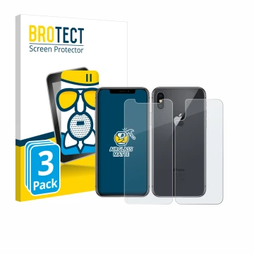Face avant d’un emballage produit avec le logo de la marque BROTECT. À côté, l’appareil Apple iPhone X (Avant+Arrière) est rep
