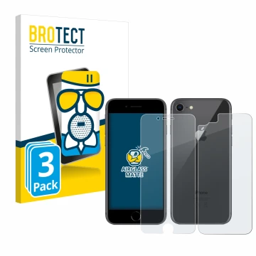 Face avant d’un emballage produit avec le logo de la marque BROTECT. À côté, l’appareil Apple iPhone 8 (Avant+Arrière) est rep