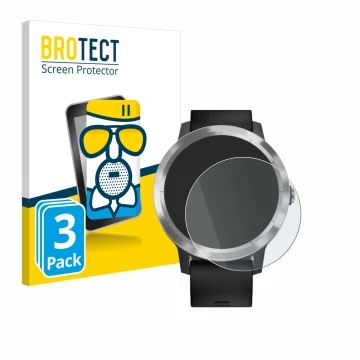Face avant d’un emballage produit avec le logo de la marque BROTECT. À côté, l’appareil Garmin vivoactive 3 est représenté ave