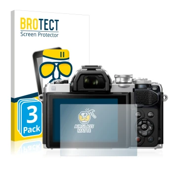 Face avant d’un emballage produit avec le logo de la marque BROTECT. À côté, l’appareil Olympus OM-D E-M10 Mark III est représ