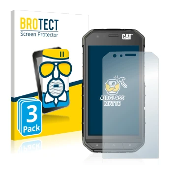 Face avant d’un emballage produit avec le logo de la marque BROTECT. À côté, l’appareil Caterpillar Cat S31 est représenté ave