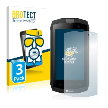 Face avant d’un emballage produit avec le logo de la marque BROTECT. À côté, l’appareil Crosscall Trekker M1 est représenté av