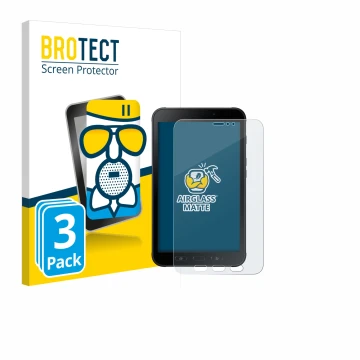 Face avant d’un emballage produit avec le logo de la marque BROTECT. À côté, l’appareil Samsung Galaxy Tab Active 2 est représ