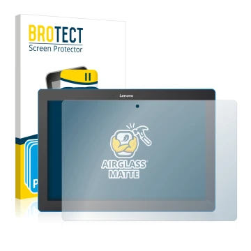 Face avant d’un emballage produit avec le logo de la marque BROTECT. À côté, l’appareil Lenovo Tab 10 TB-X103F est représenté 