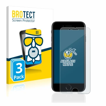 Face avant d’un emballage produit avec le logo de la marque BROTECT. À côté, l’appareil Apple iPhone SE 2 2020 est représenté 