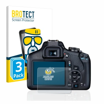 Face avant d’un emballage produit avec le logo de la marque BROTECT. À côté, l’appareil Canon EOS 2000D est représenté avec la