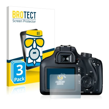 Face avant d’un emballage produit avec le logo de la marque BROTECT. À côté, l’appareil Canon EOS 4000D est représenté avec la