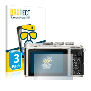 Face avant d’un emballage produit avec le logo de la marque BROTECT. À côté, l’appareil Olympus PEN E-PL9 est représenté avec 