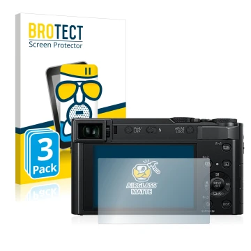 Face avant d’un emballage produit avec le logo de la marque BROTECT. À côté, l’appareil Panasonic Lumix DC-TZ202 est représent