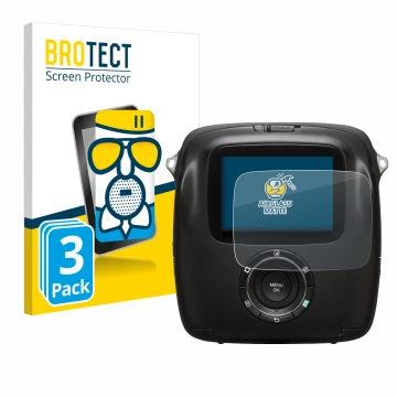 Face avant d’un emballage produit avec le logo de la marque BROTECT. À côté, l’appareil Fujifilm Instax Square SQ10 est représ