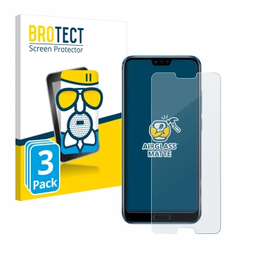 Face avant d’un emballage produit avec le logo de la marque BROTECT. À côté, l’appareil Honor 10 est représenté avec la protec
