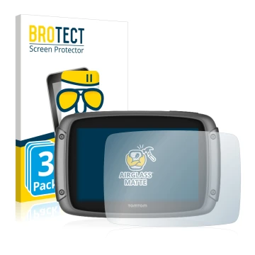 Face avant d’un emballage produit avec le logo de la marque BROTECT. À côté, l’appareil TomTom Rider 500 est représenté avec l