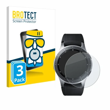 Face avant d’un emballage produit avec le logo de la marque BROTECT. À côté, l’appareil Samsung Galaxy Watch (46 mm) est repré