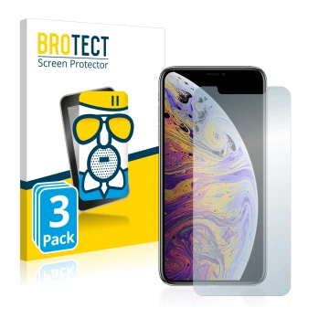 Face avant d’un emballage produit avec le logo de la marque BROTECT. À côté, l’appareil Apple iPhone Xs Max est représenté ave