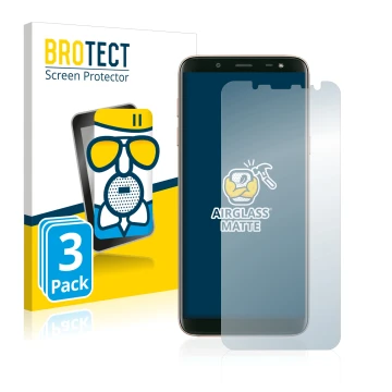 Face avant d’un emballage produit avec le logo de la marque BROTECT. À côté, l’appareil Samsung Galaxy J6 2018 est représenté 