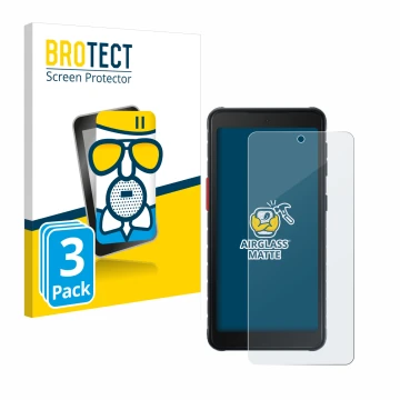 Face avant d’un emballage produit avec le logo de la marque BROTECT. À côté, l’appareil Samsung Galaxy XCover 5 est représenté