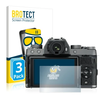 Face avant d’un emballage produit avec le logo de la marque BROTECT. À côté, l’appareil Fujifilm X-T100 est représenté avec la