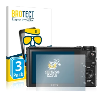 Face avant d’un emballage produit avec le logo de la marque BROTECT. À côté, l’appareil Sony Cyber-Shot DSC-RX100 VI est repré