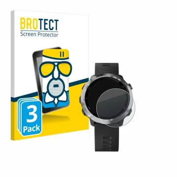 Face avant d’un emballage produit avec le logo de la marque BROTECT. À côté, l’appareil Garmin Forerunner 645 Music est représ