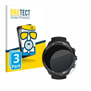 Face avant d’un emballage produit avec le logo de la marque BROTECT. À côté, l’appareil Suunto 9 est représenté avec la protec