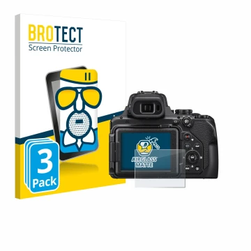 Face avant d’un emballage produit avec le logo de la marque BROTECT. À côté, l’appareil Nikon Coolpix P1000 est représenté ave