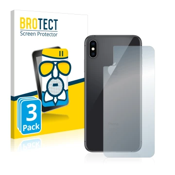 Face avant d’un emballage produit avec le logo de la marque BROTECT. À côté, l’appareil Apple iPhone Xs Max (Le dos) est repré