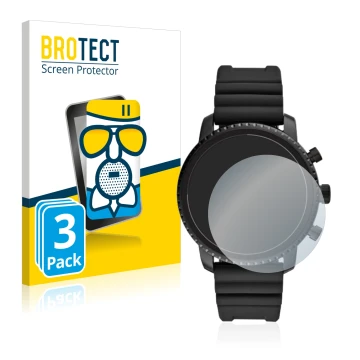 Face avant d’un emballage produit avec le logo de la marque BROTECT. À côté, l’appareil Fossil Q Explorist HR (4.Gen) est repr