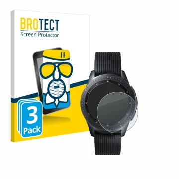 Face avant d’un emballage produit avec le logo de la marque BROTECT. À côté, l’appareil Samsung Galaxy Watch (42 mm) est repré