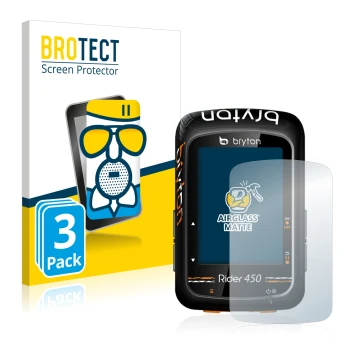 Face avant d’un emballage produit avec le logo de la marque BROTECT. À côté, l’appareil Bryton Rider 450 est représenté avec l