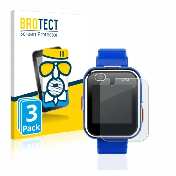 Face avant d’un emballage produit avec le logo de la marque BROTECT. À côté, l’appareil Vtech Kidizoom Smart Watch DX2 est rep