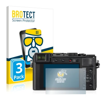 Face avant d’un emballage produit avec le logo de la marque BROTECT. À côté, l’appareil Panasonic Lumix DC-LX100 II est représ