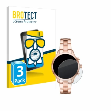 Face avant d’un emballage produit avec le logo de la marque BROTECT. À côté, l’appareil Michael Kors Access Runway (41 mm) est