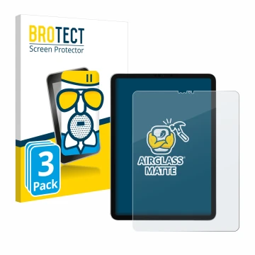 Face avant d’un emballage produit avec le logo de la marque BROTECT. À côté, l’appareil Apple iPad Pro 12.9