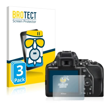 Face avant d’un emballage produit avec le logo de la marque BROTECT. À côté, l’appareil Nikon D3500 est représenté avec la pro