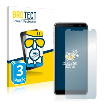 Face avant d’un emballage produit avec le logo de la marque BROTECT. À côté, l’appareil Samsung Galaxy J4 Plus est représenté 