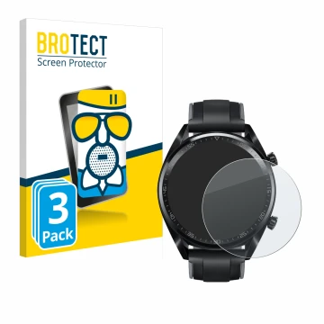 Face avant d’un emballage produit avec le logo de la marque BROTECT. À côté, l’appareil Huawei Watch GT (46 mm) 2018 est repré