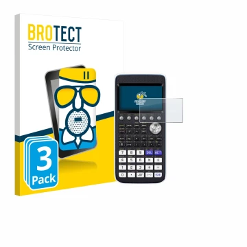 Face avant d’un emballage produit avec le logo de la marque BROTECT. À côté, l’appareil Casio FX-CG50 est représenté avec la p