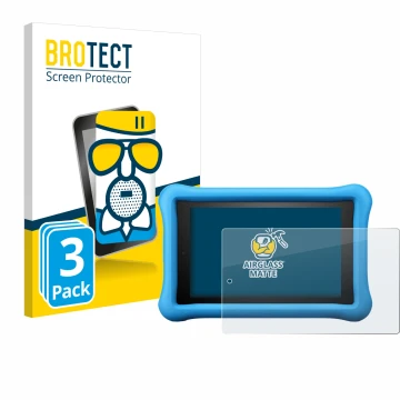 Face avant d’un emballage produit avec le logo de la marque BROTECT. À côté, l’appareil Amazon Fire HD 8 Kids Edition 2018 (8è