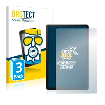 Face avant d’un emballage produit avec le logo de la marque BROTECT. À côté, l’appareil Samsung Galaxy Tab S5e LTE 2019 est re