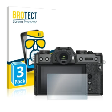 Face avant d’un emballage produit avec le logo de la marque BROTECT. À côté, l’appareil Fujifilm X-T30 est représenté avec la 