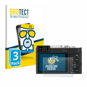 Face avant d’un emballage produit avec le logo de la marque BROTECT. À côté, l’appareil Panasonic Lumix DC-TZ96 est représenté