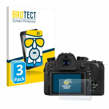 Face avant d’un emballage produit avec le logo de la marque BROTECT. À côté, l’appareil Panasonic Lumix DC-FZ1000 II est repré